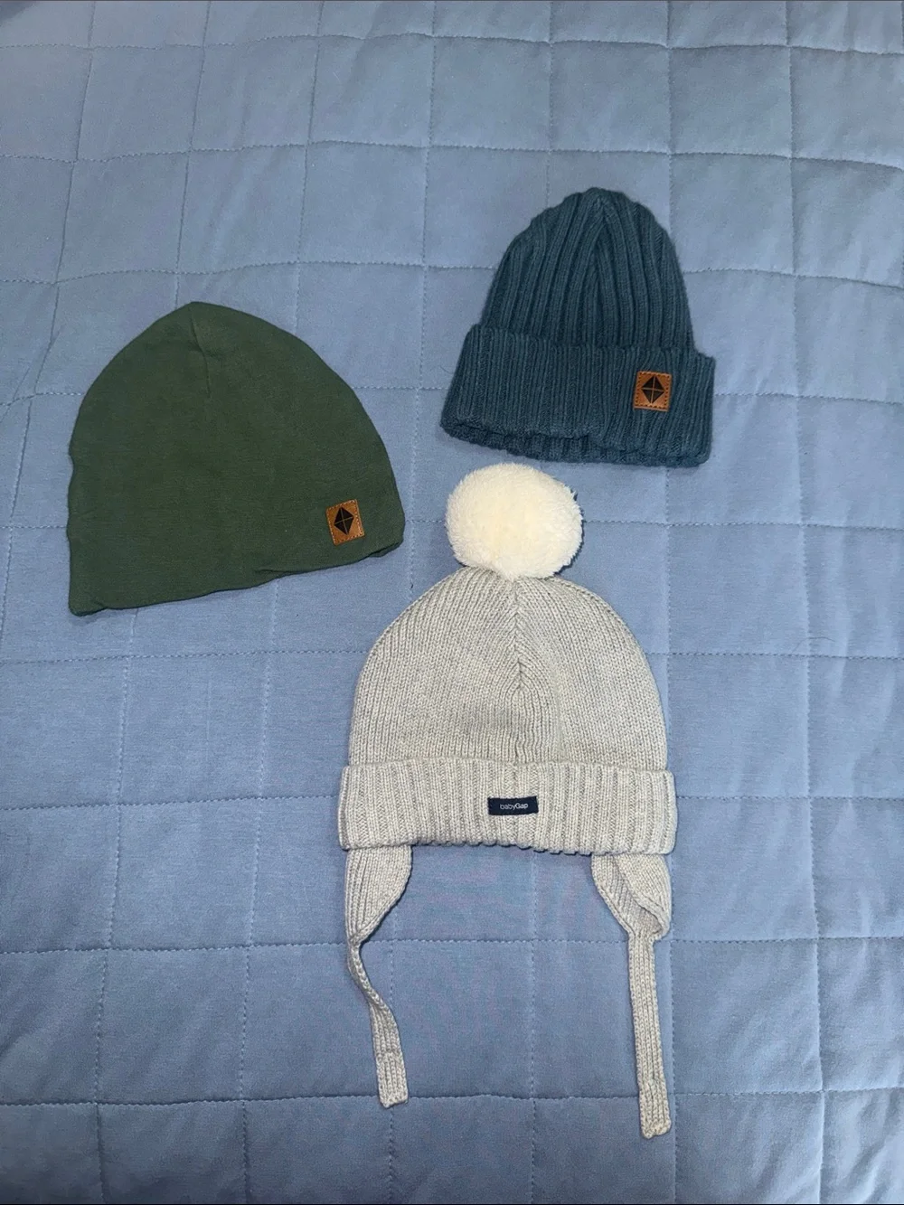 Children's Knit Pom Hat and Beanies Set - Gray, Blue, Green